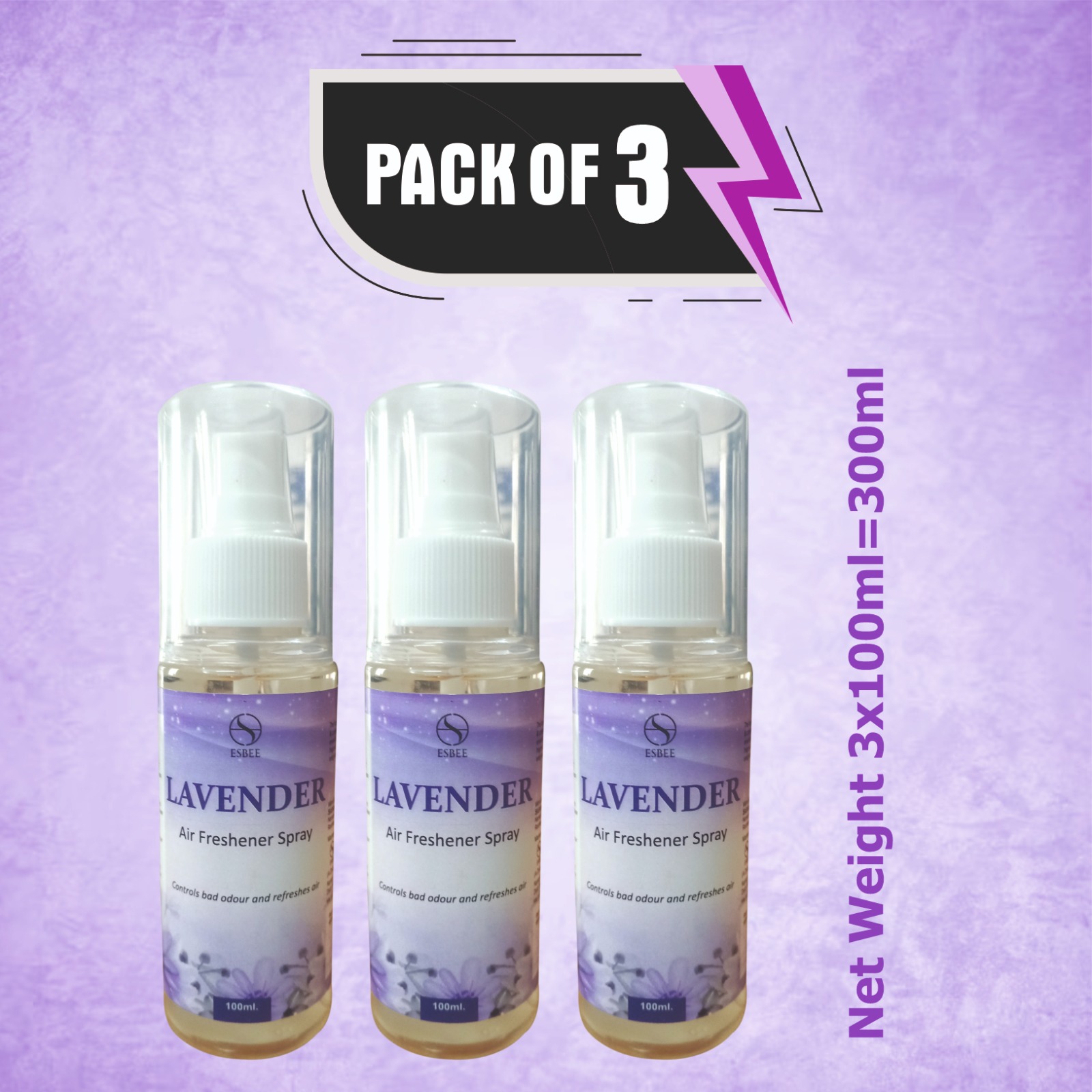 Esbee Lavender Air Freshener Spray – 3 x 100ML | Long-Lasting & Refreshing Floral Fragrance | Odor Eliminator & Room Freshener (Pack of 3) (100ML, Lavender) - Image 2