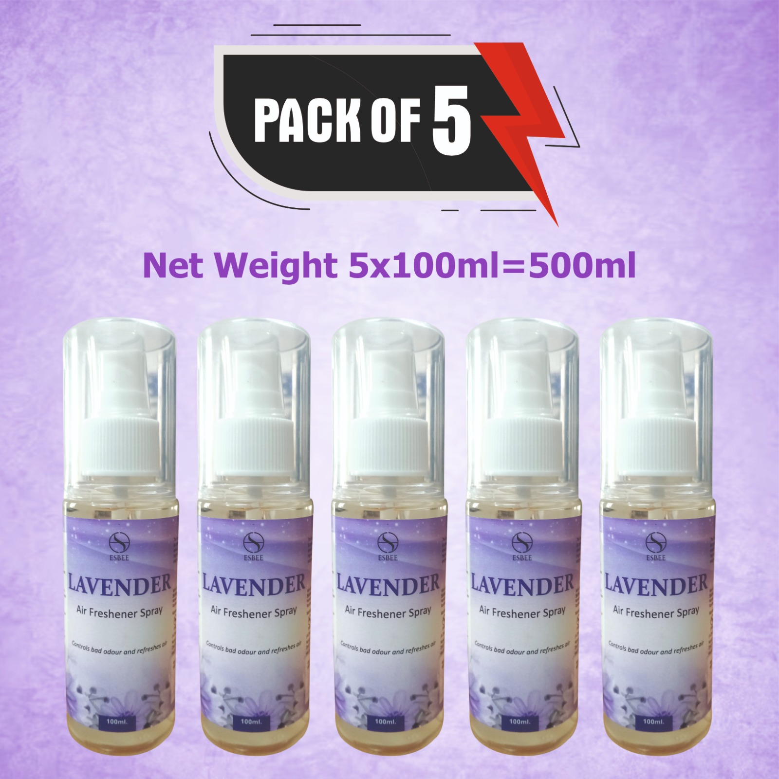 Esbee Lavender Air Freshener Spray – 5 x 100ML | Long-Lasting & Refreshing Floral Fragrance | Odor Eliminator & Room Freshener (Pack of 5) (100ML, Lavender) - Image 2